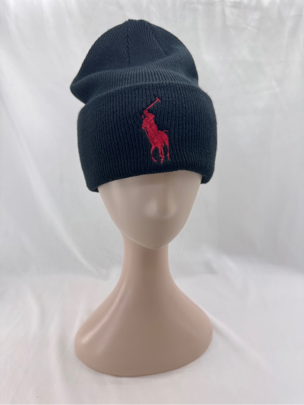 Polo Ralph Lauren Black Knit Beanie Hat Big Pony Emblem Red Heritage Prep NWT